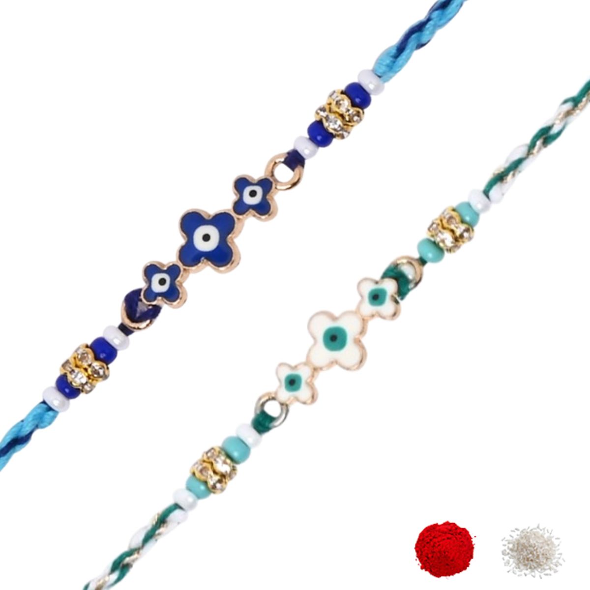 Minimalist Evil Eye Rakhis With Roli Chawal & Rakshabandhan Card (Pack of 2)