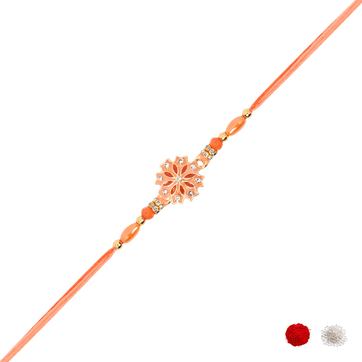 Elegant Orange Enamel Floral Rakhi with Roli Chawal & Rakshabandhan Card