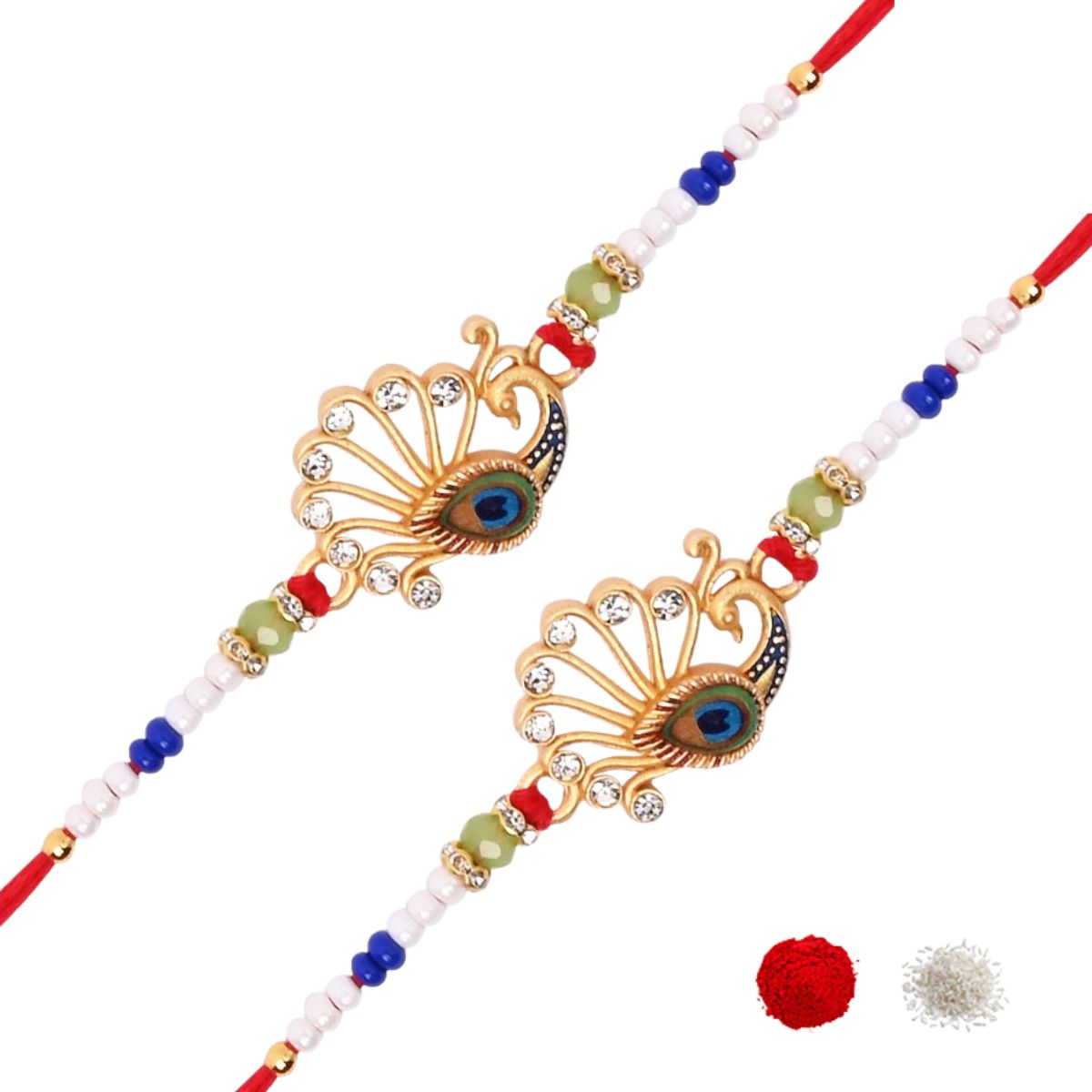 Designer Peacock Feather Rakhi with Roli Chawal & Rakshabandhan Card (Pack of 2)