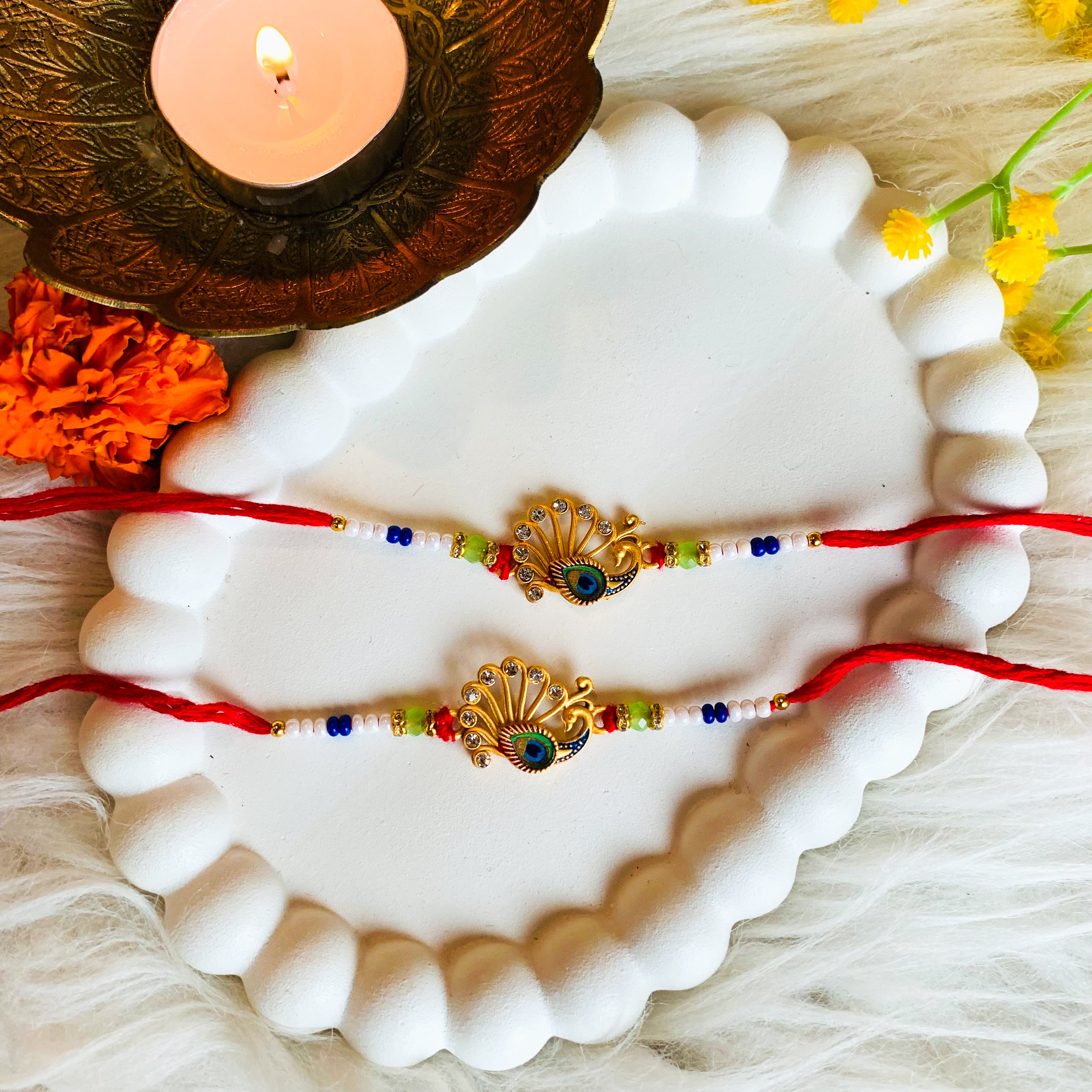 Designer Peacock Feather Rakhi with Roli Chawal & Rakshabandhan Card (Pack of 2)