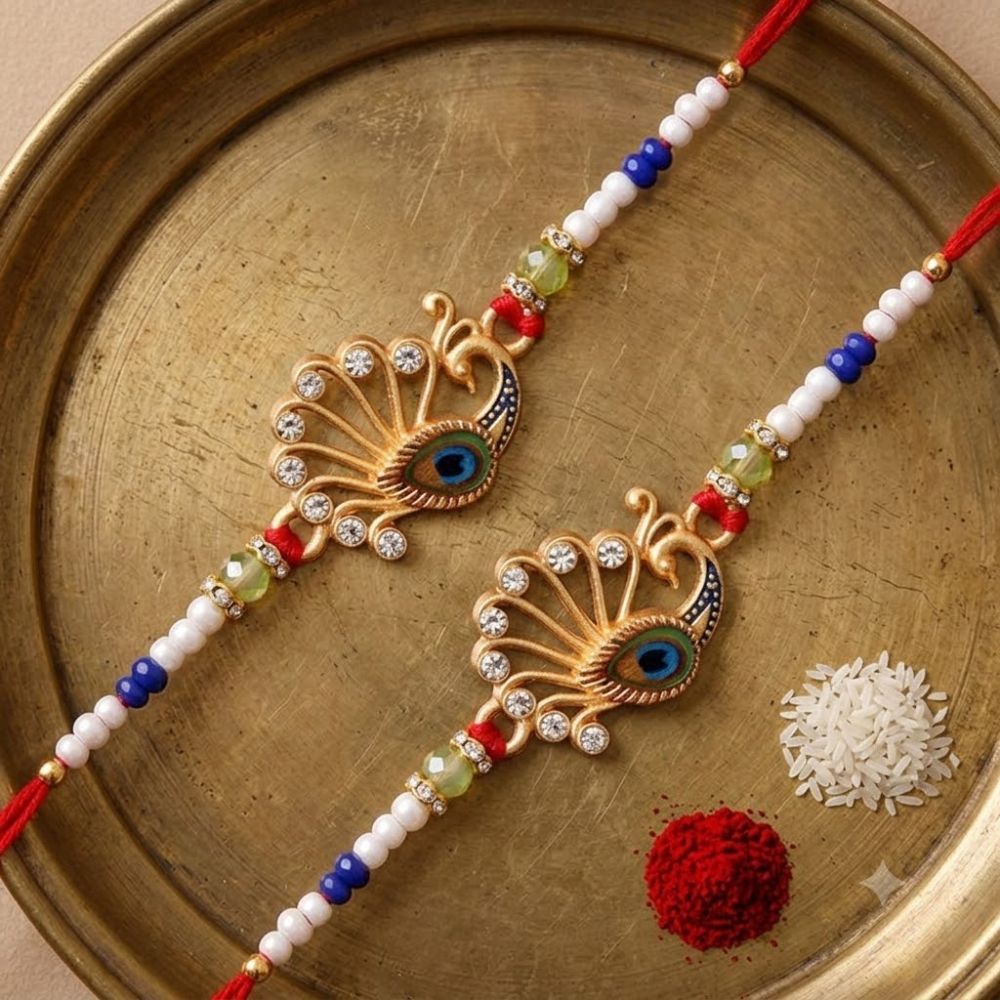 Designer Peacock Feather Rakhi with Roli Chawal & Rakshabandhan Card (Pack of 2)