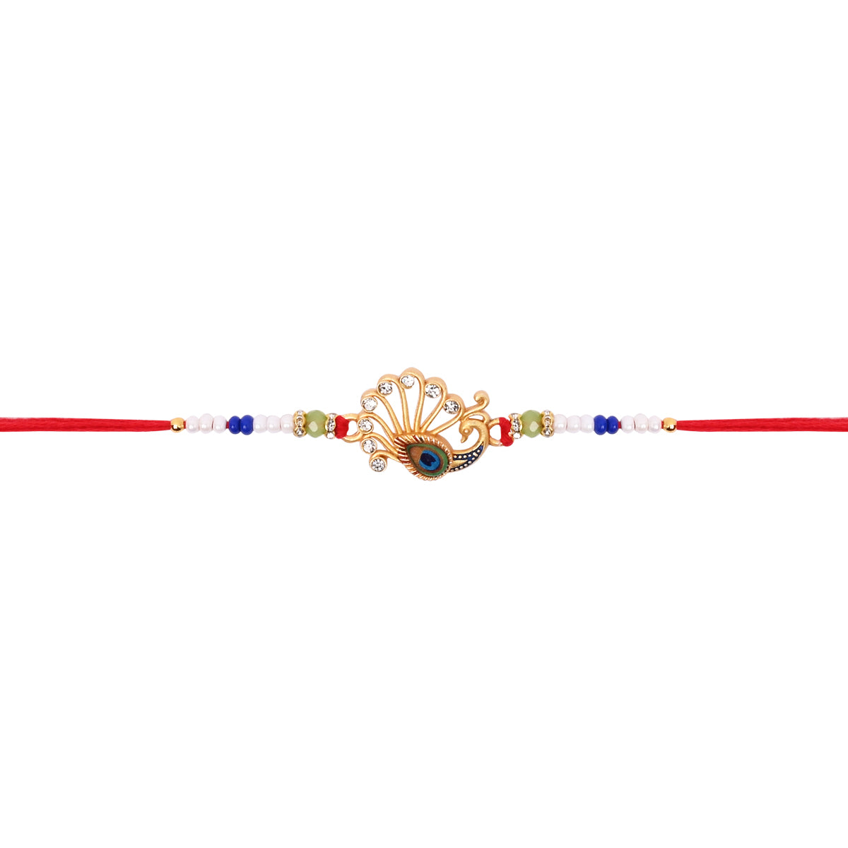 Designer Peacock Feather Rakhi with Roli Chawal & Rakshabandhan Card (Pack of 2)