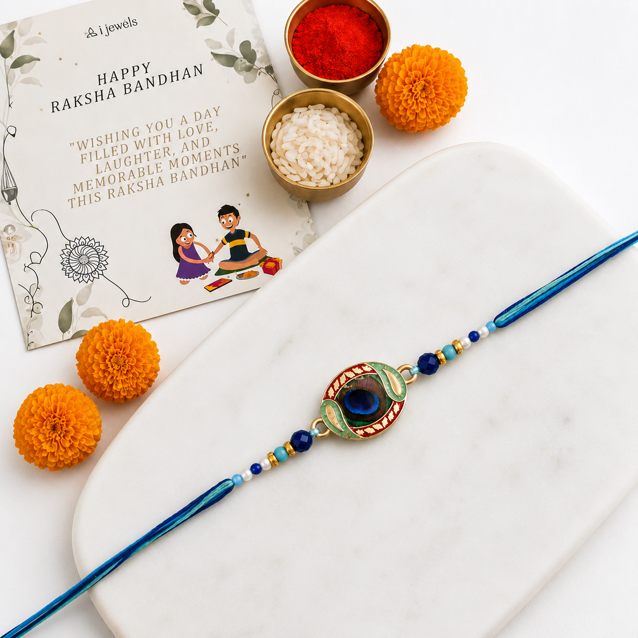 Elegant Peacock Feather Rakhi WITH ROLI CHAWAL & RAKSHABANDHAN CARD