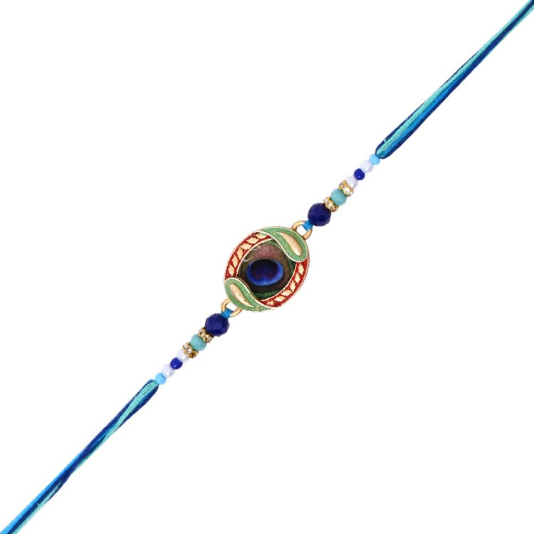 Elegant Peacock Feather Rakhi WITH ROLI CHAWAL & RAKSHABANDHAN CARD
