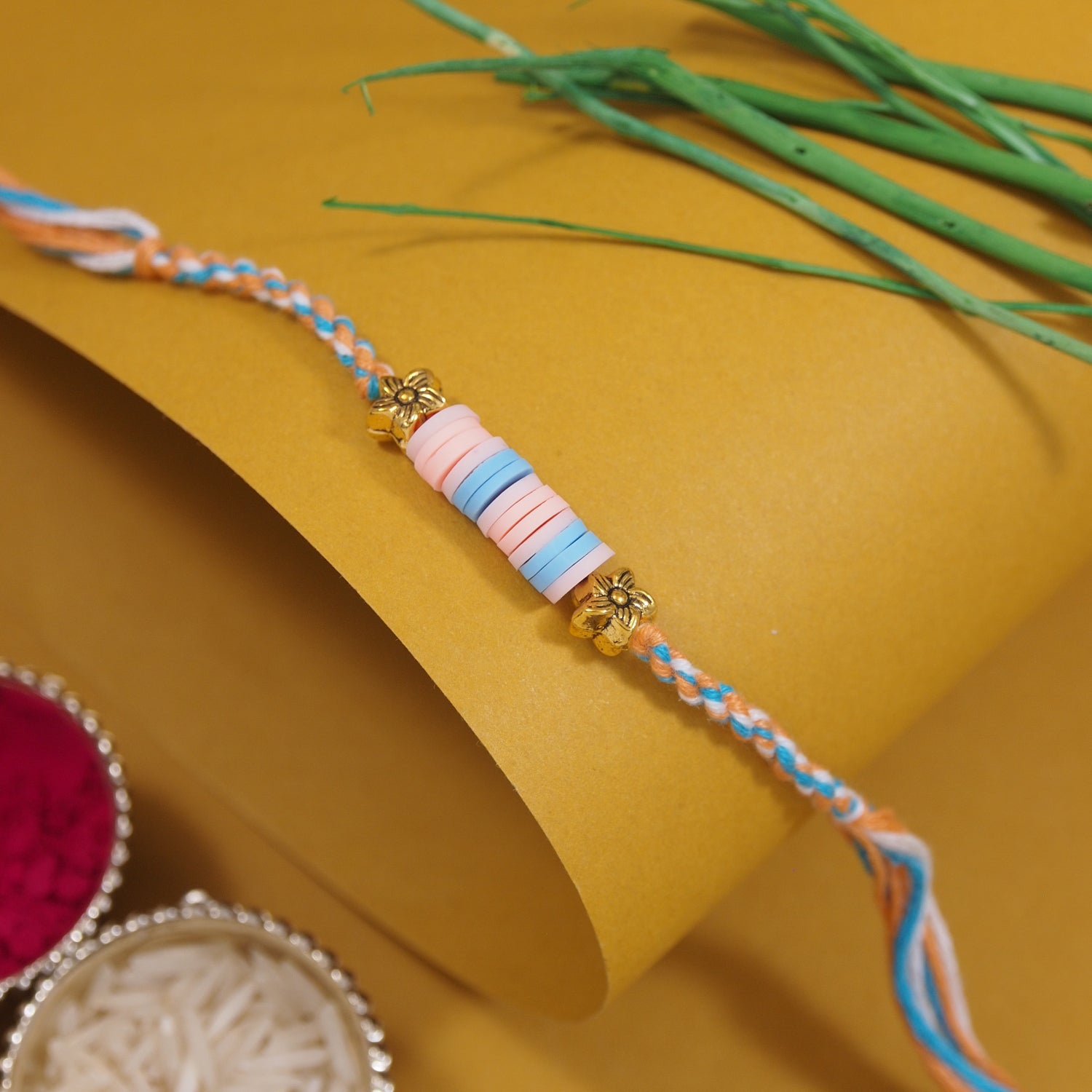 Pastel Heishi Beads Rakhi with Roli Chawal and Raksha Bandhan Card