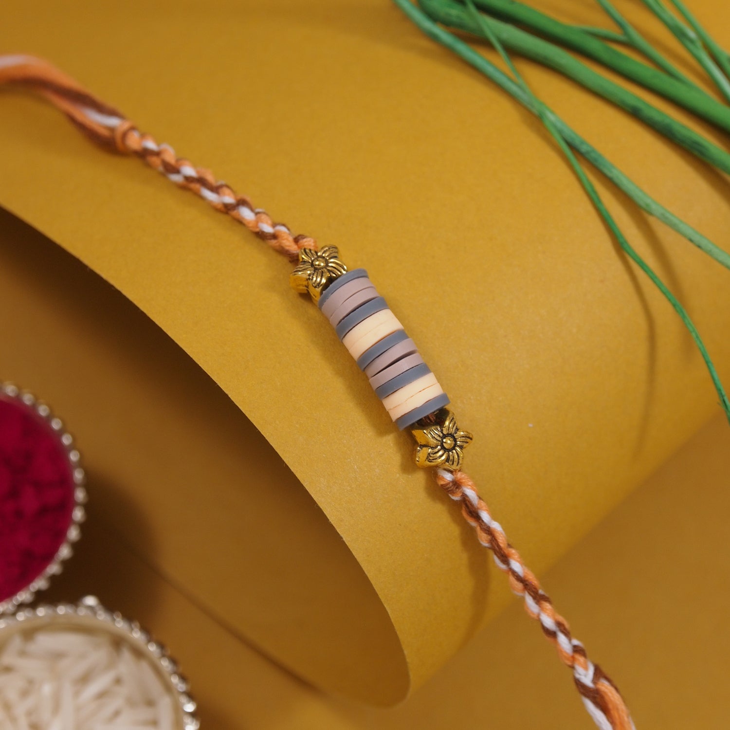 Neutral Heishi Beads Rakhi with Roli Chawal and Raksha Bandhan Card