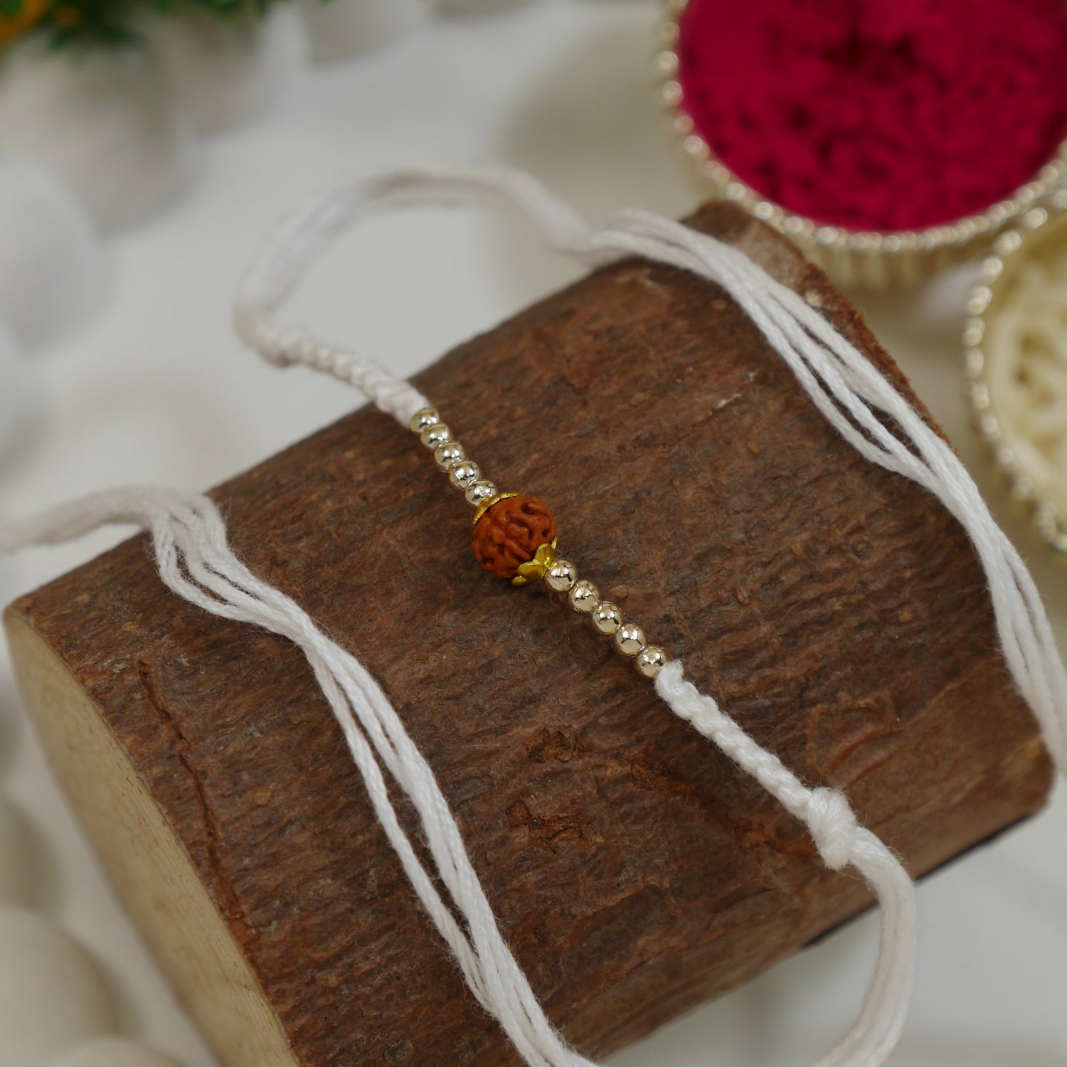 Rudraksha Beaded  Rakhi with Roli Chawal and Raksha Bandhan Card
