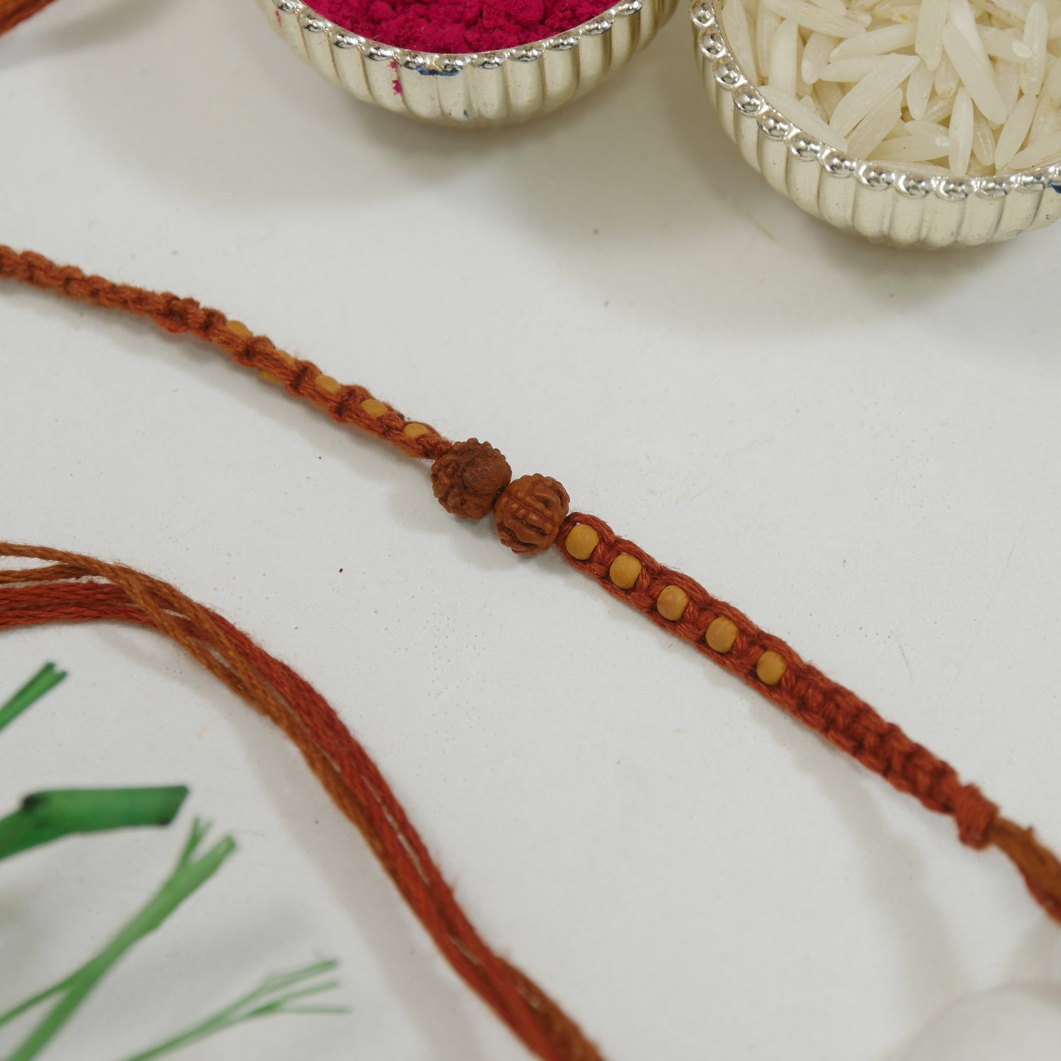 Rudraksh Beaded Rakhi With Roli Chawal & Rakshabandhan Card