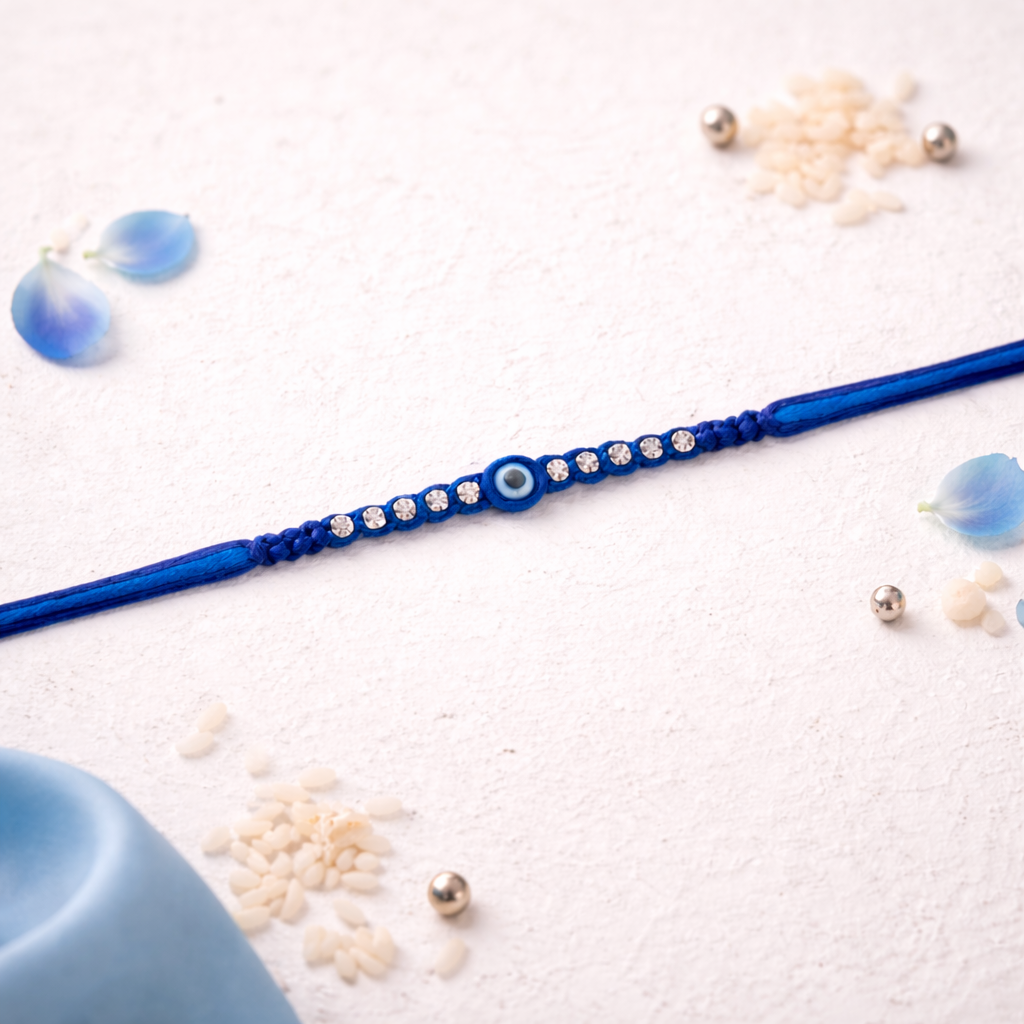 Evil Eye Thread Rakhi for Brother with Roli Chawal and Raksha Bandhan Card