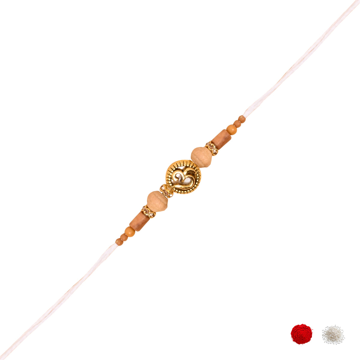 Om Wooden Beaded  Thread Rakhi with Roli Chawal and Raksha Bandhan Card