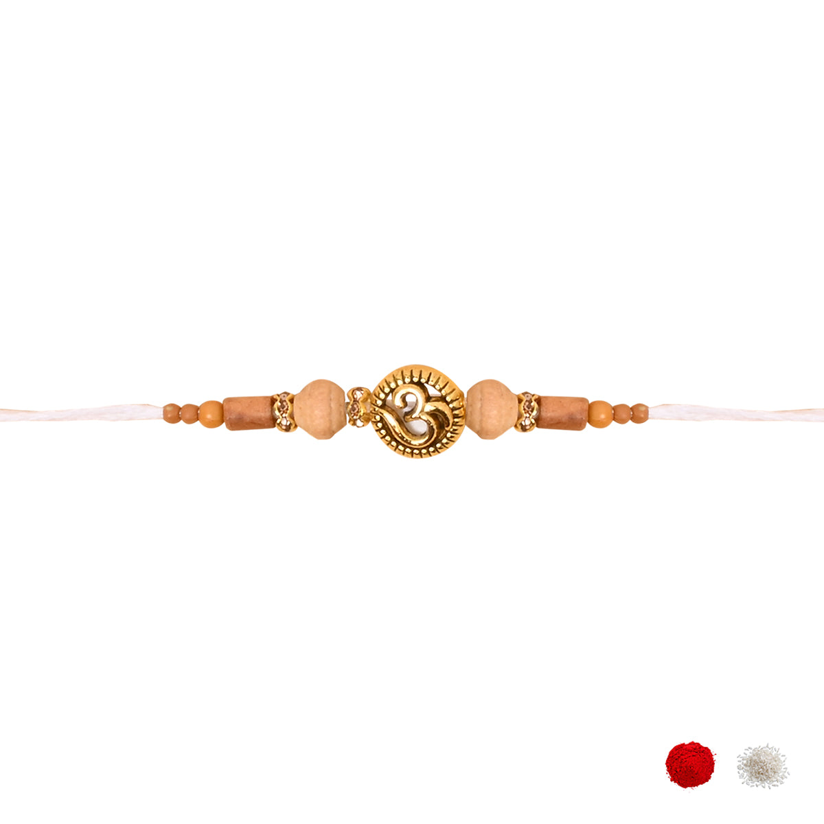 Om Wooden Beaded  Thread Rakhi with Roli Chawal and Raksha Bandhan Card