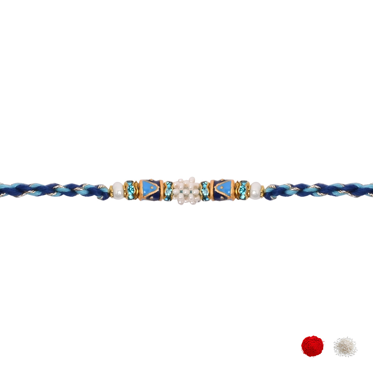 Pearl Beaded Blue Rakhi With Roli Chawal & Rakshabandhan Card