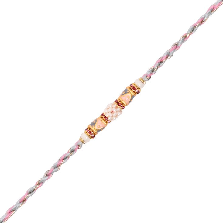Pearl Beaded Pink Rakhi With Roli Chawal & Rakshabandhan Card