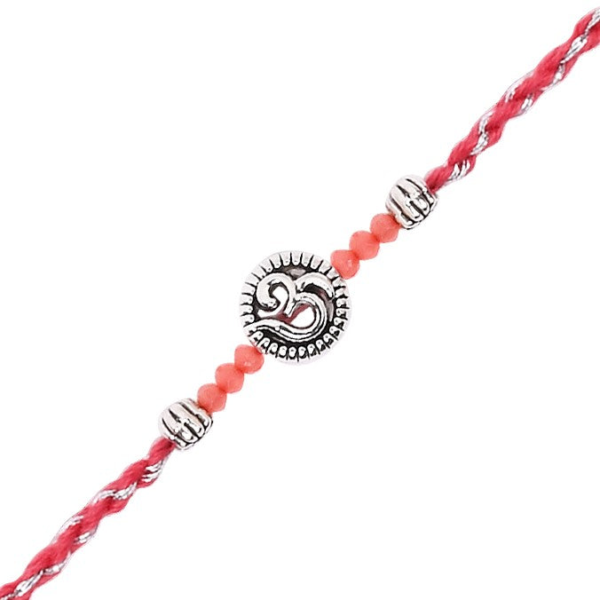Elegant Om Rakhi with Pink Green Beads