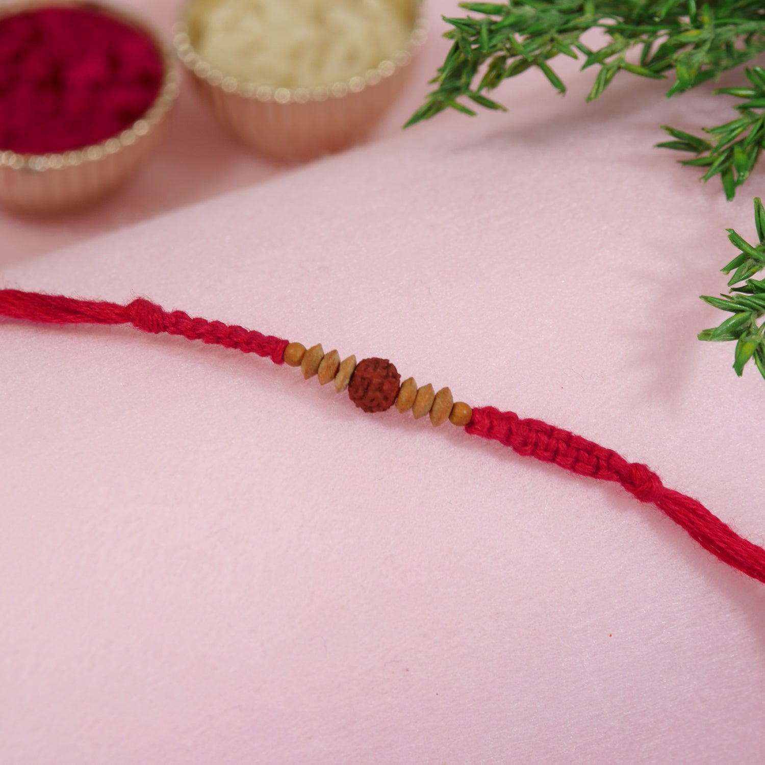 Rudraksha Wooden Bead Thread Rakhi with Roli Chawal and Raksha Bandhan Card