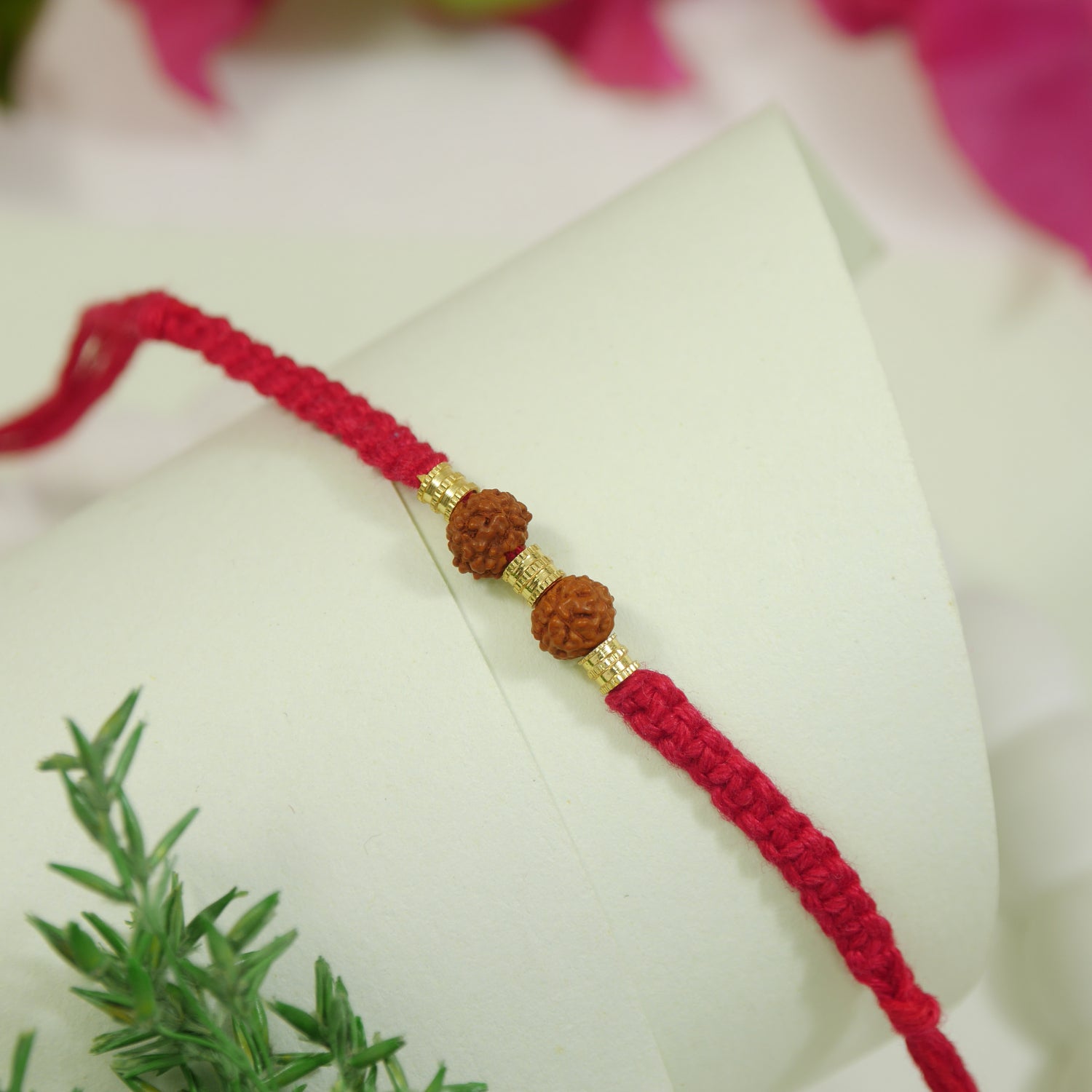 Double Rudraksha Bead Rakhi with Roli Chawal and Raksha Bandhan Card
