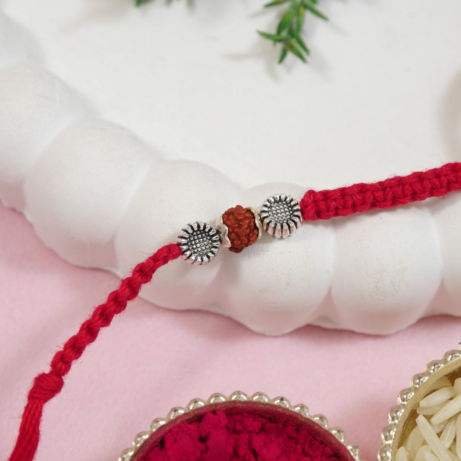 Rudraksh Red Beaded Rakhi With Roli Chawal & Rakshabandhan Card