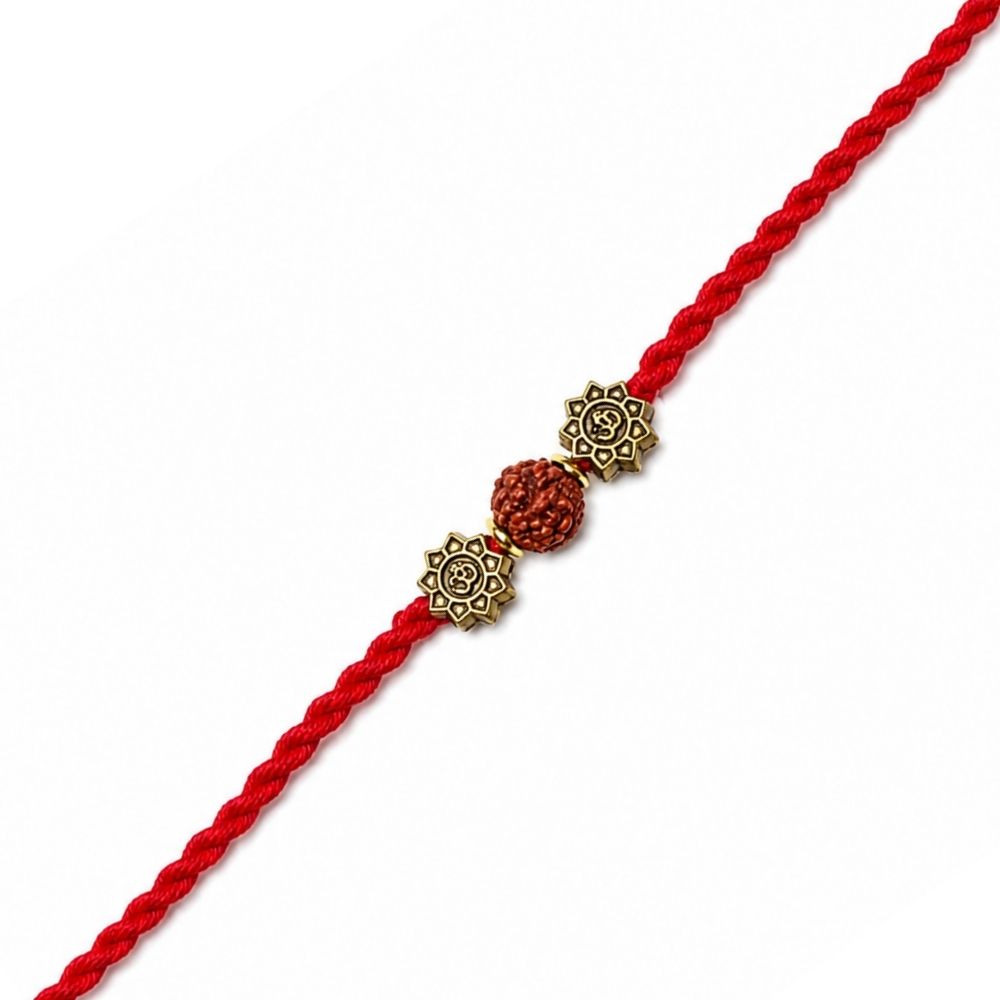 Rudraksh Red Beaded Rakhi With Roli Chawal & Rakshabandhan Card