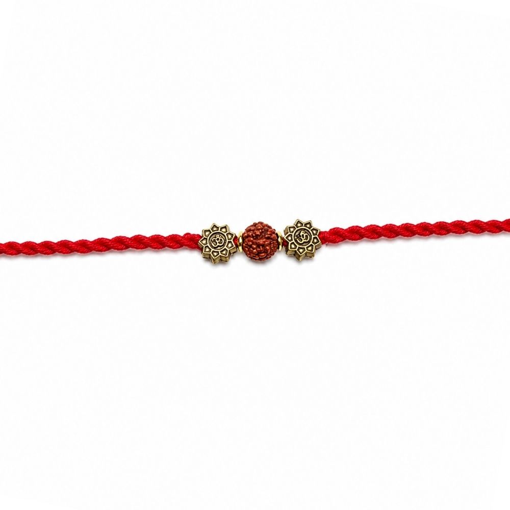 Rudraksh Red Beaded Rakhi With Roli Chawal & Rakshabandhan Card