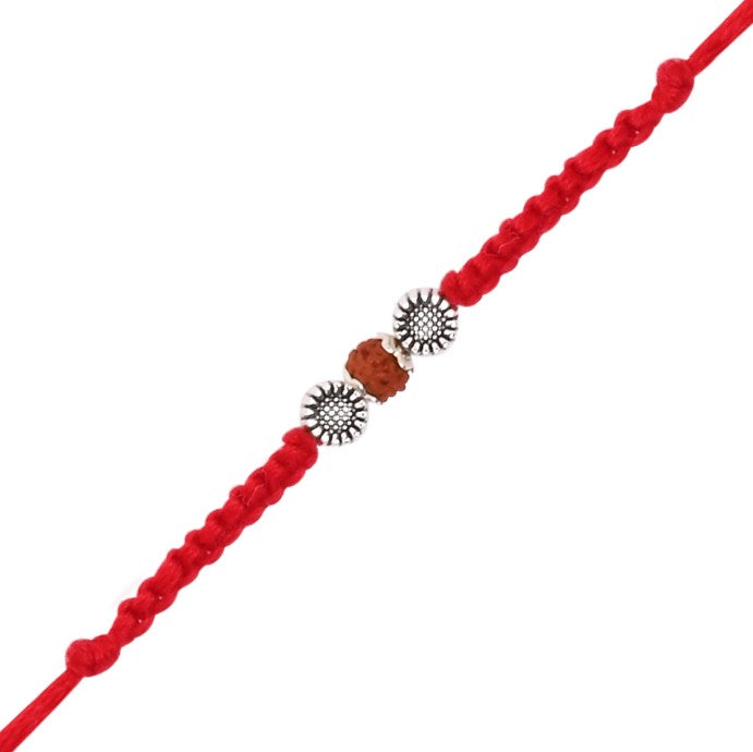 Rudraksh Red Beaded Rakhi With Roli Chawal & Rakshabandhan Card