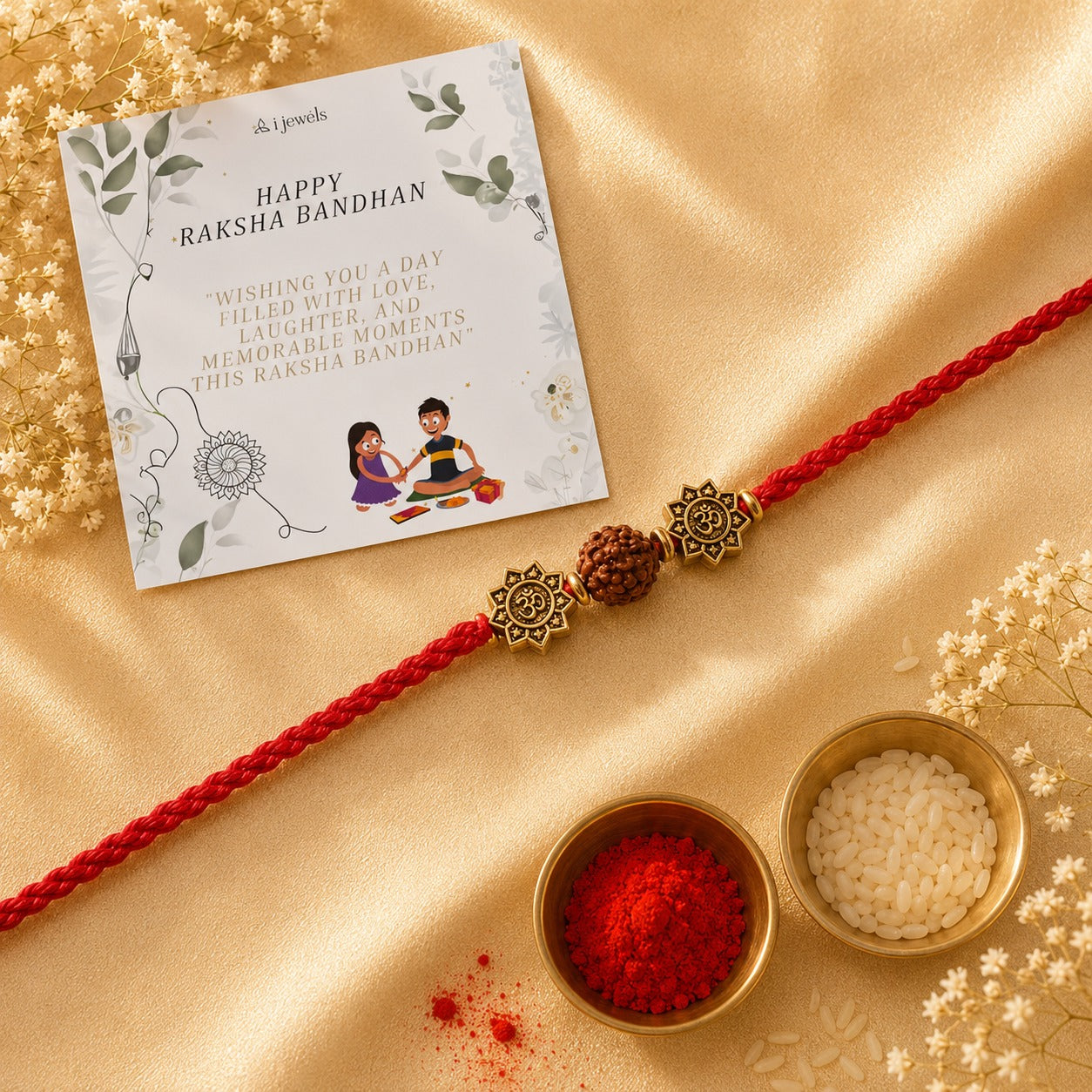 Rudraksh Red Beaded Rakhi With Roli Chawal & Rakshabandhan Card