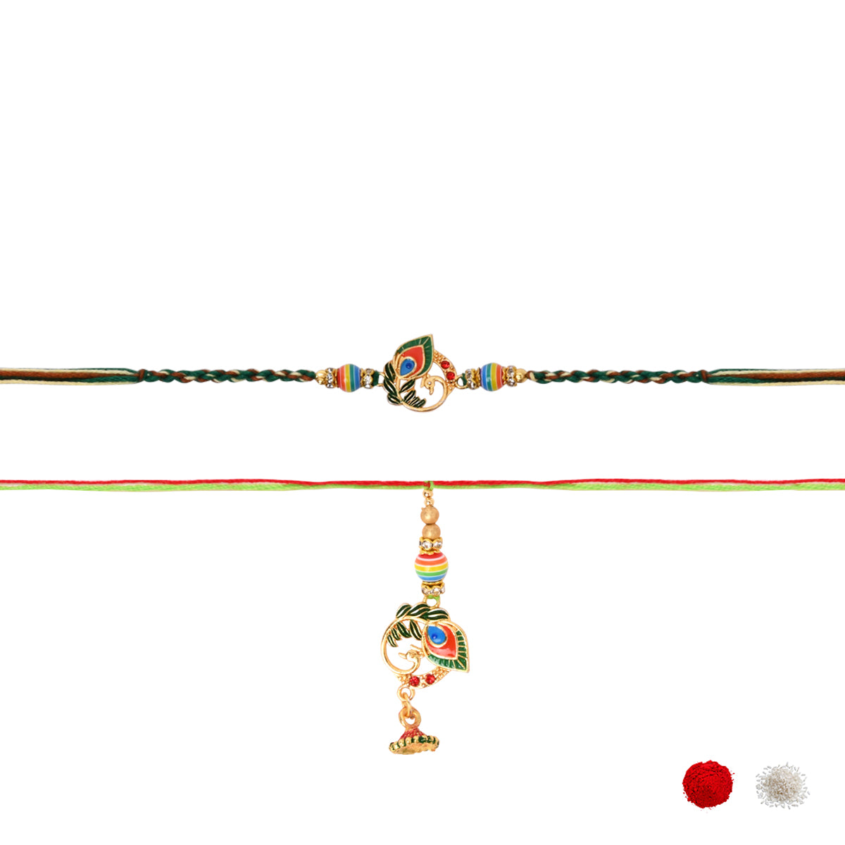 Peacock Feather Bhaiya Bhabhi  Rakhi with Roli Chawal & Rakshabandhan Card