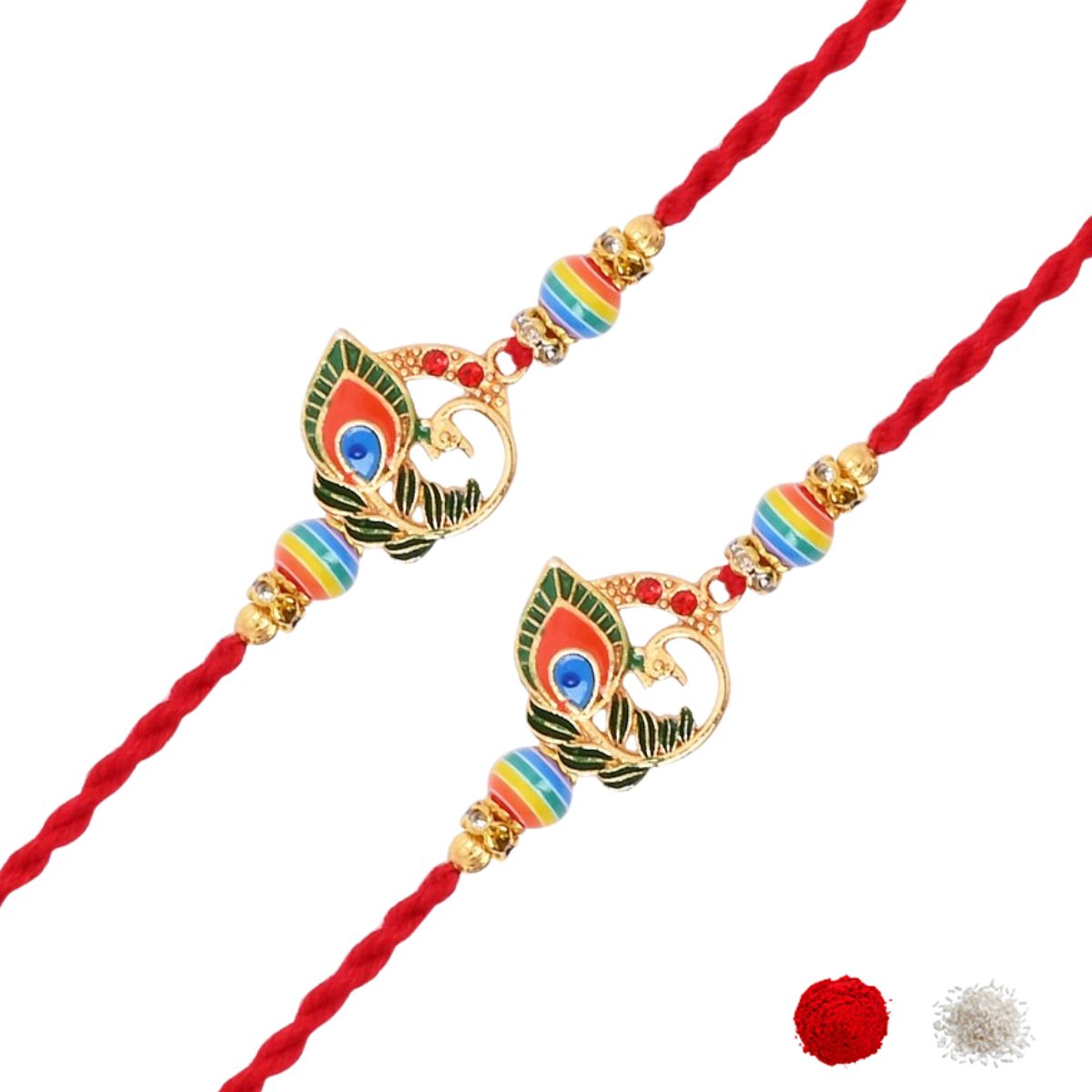 Peacock Feather Beads Rakhi with Roli Chawal & Rakshabandhan Card (Pack of 2)