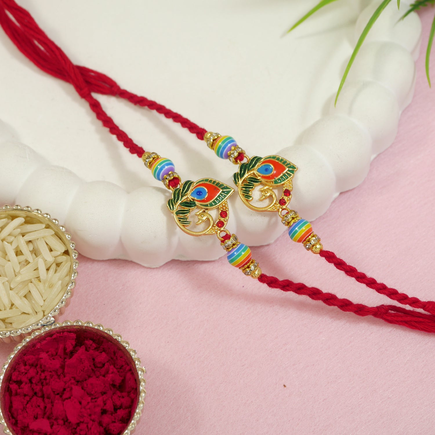 Peacock Feather Beads Rakhi with Roli Chawal & Rakshabandhan Card (Pack of 2)