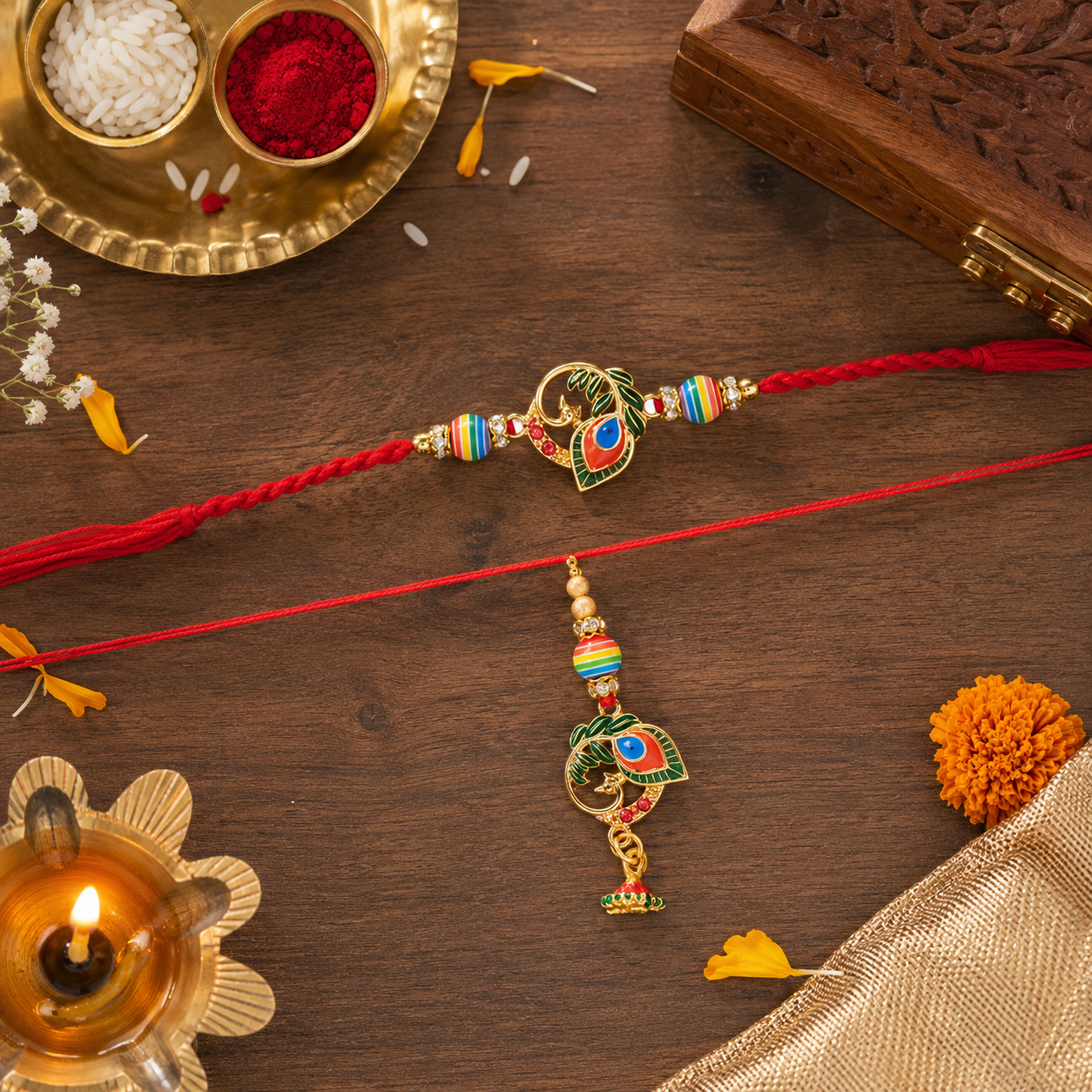 Peacock Feather Bhaiya Bhabhi  Rakhi with Roli Chawal & Rakshabandhan Card