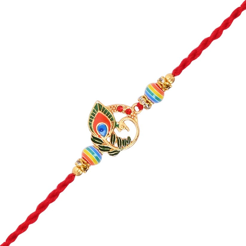 Peacock Feather Rainbow Rakhi with Roli Chawal and Raksha Bandhan Card