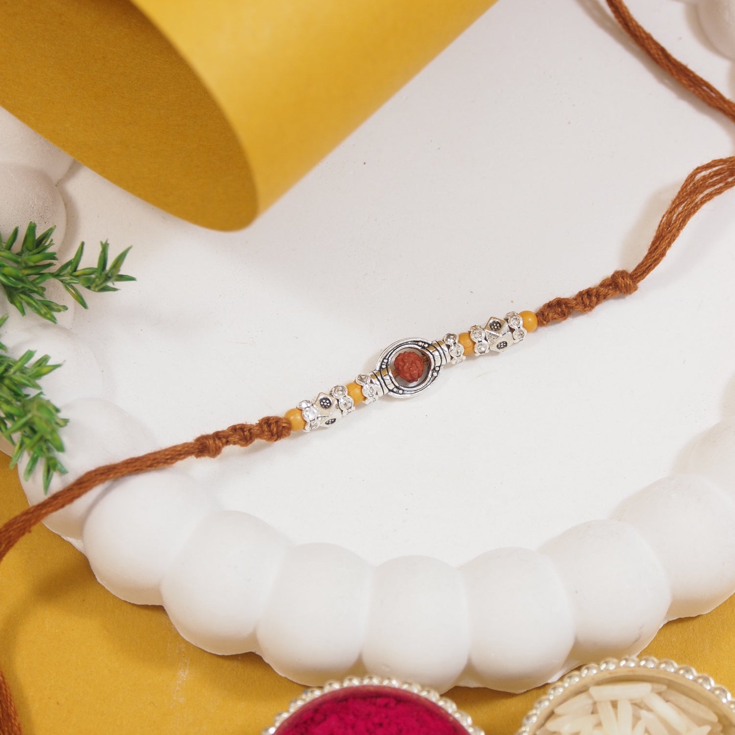 Antique Silver Beads Rudraksha Rakhi with Roli Chawal and Raksha Bandhan Card