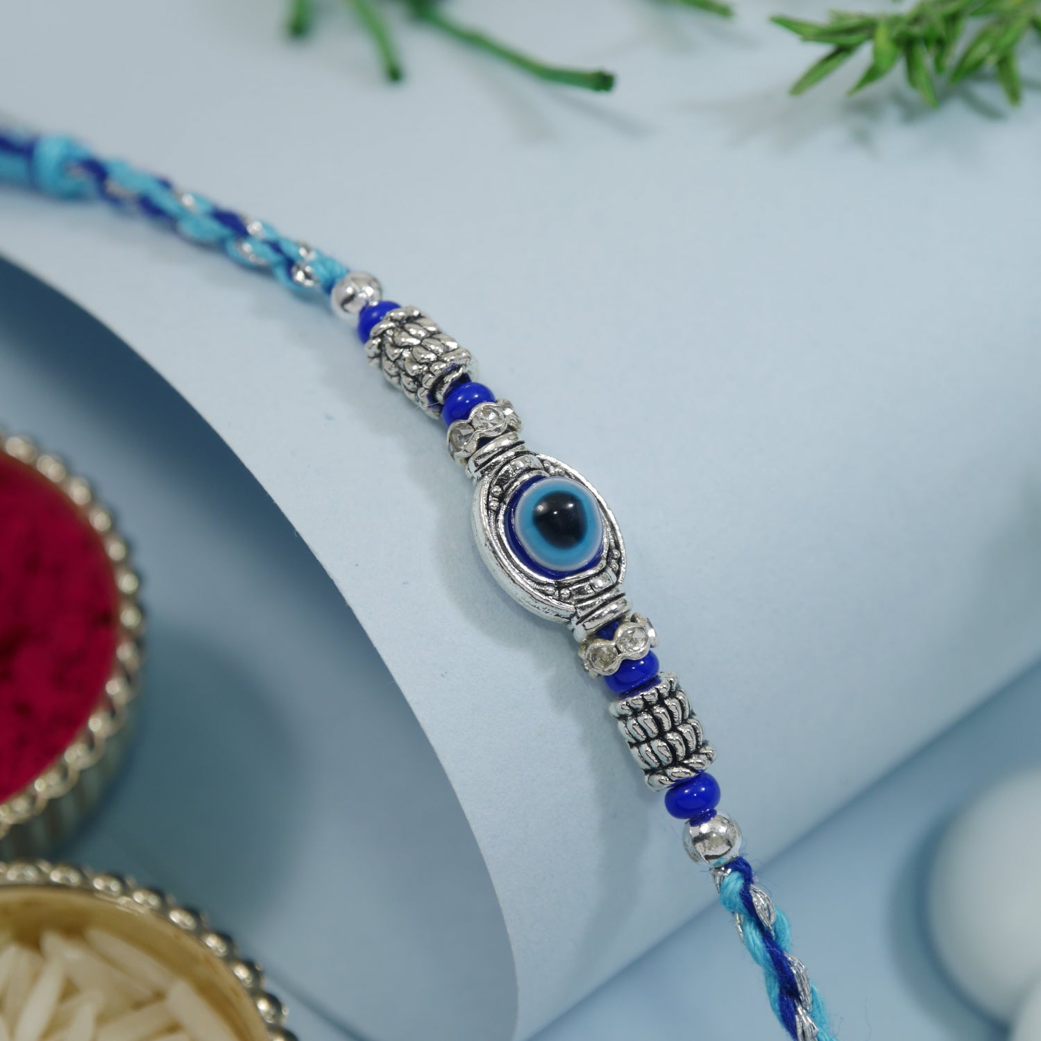 Blue Stone Thread Rakhi with Roli Chawal & RakshaBandhan Card