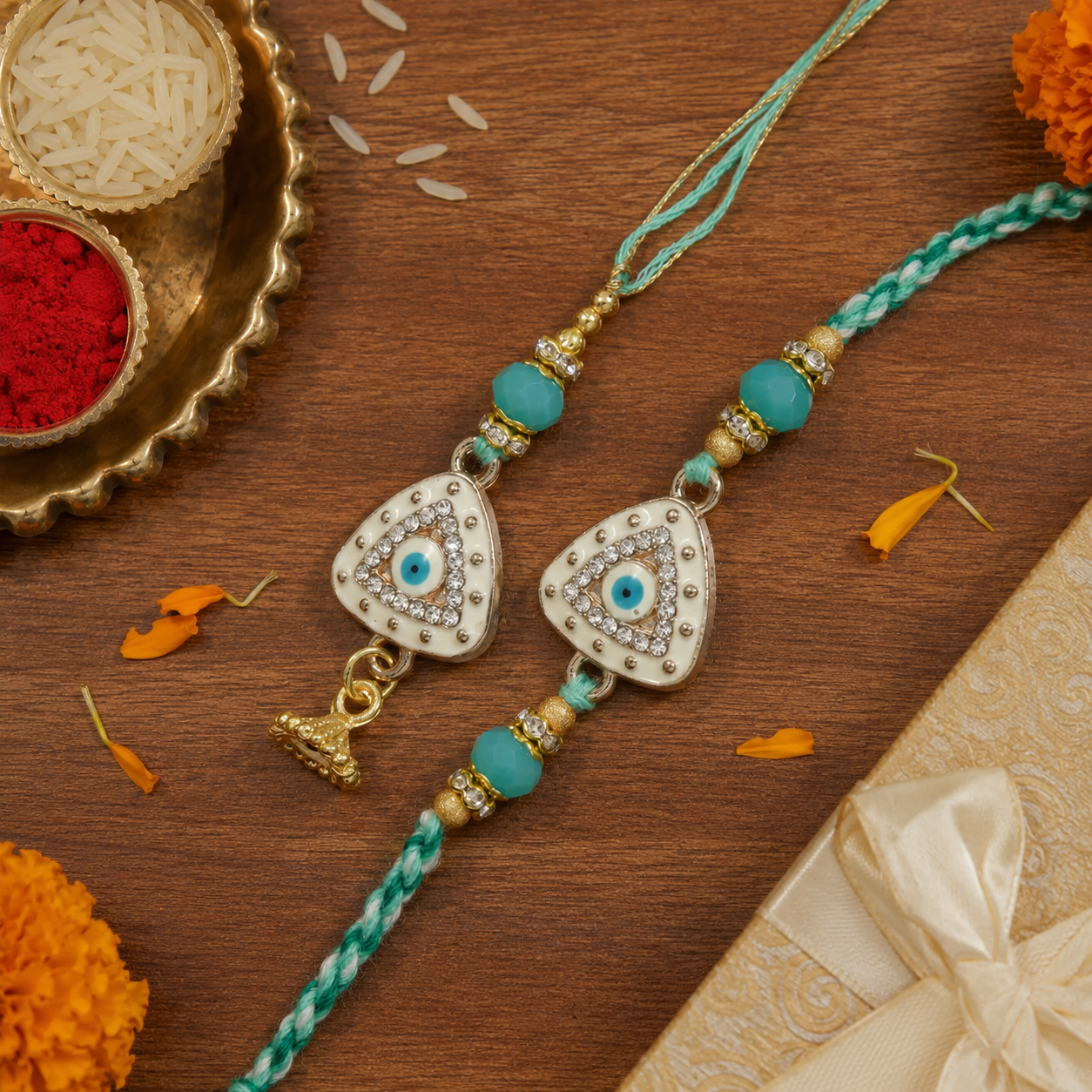 Elegant Bhaiya Bhabhi Lumba Pearl & Rakhi With Roli Chawal & Card