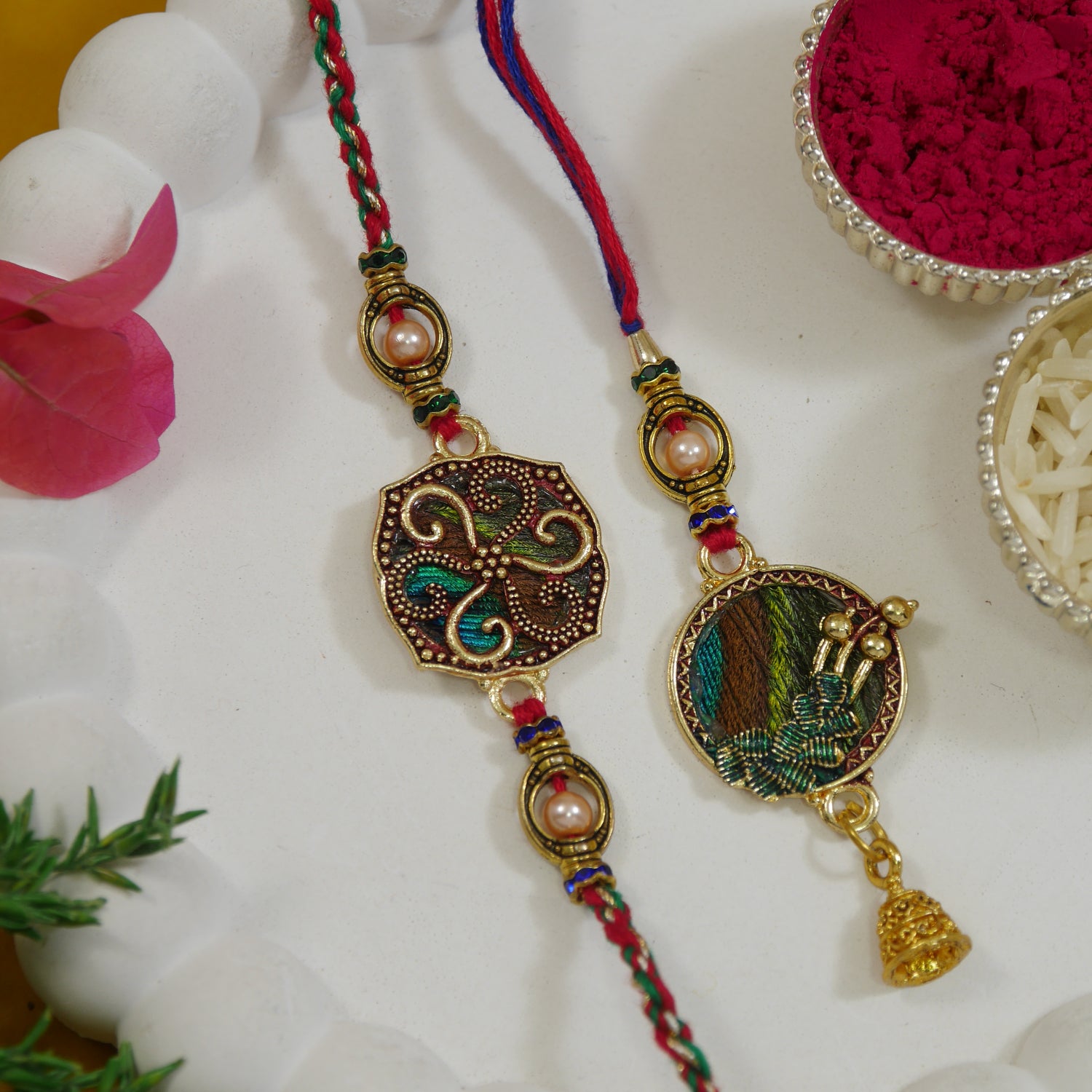 Peacock Feather Bhaiya Bhabhi  Rakhi with Roli Chawal & Rakshabandhan Card