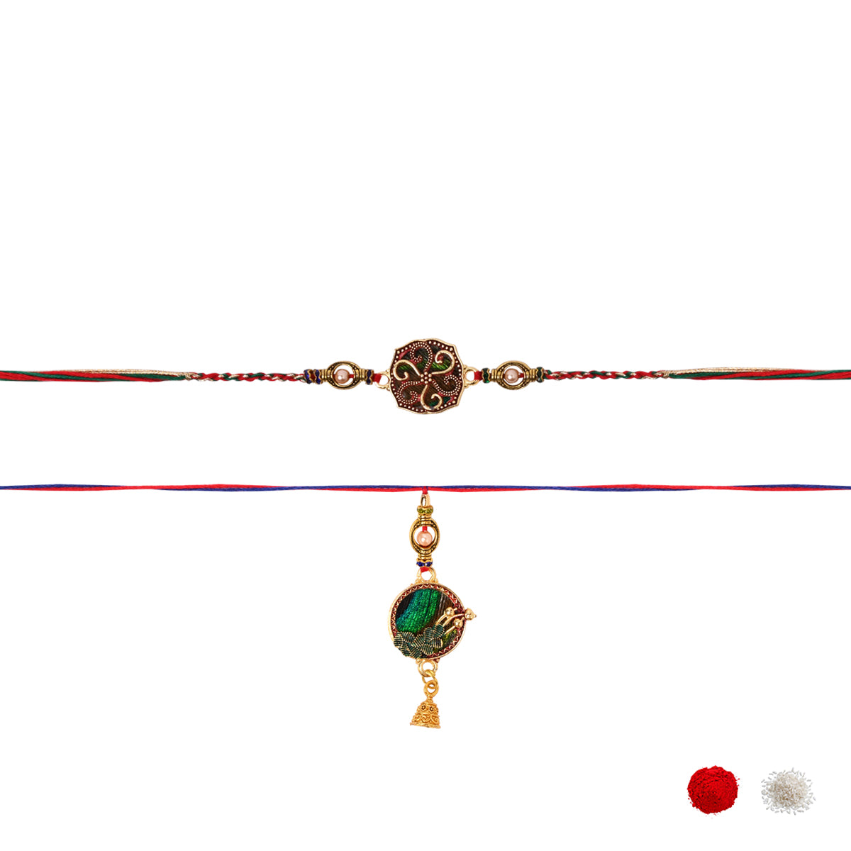 Peacock Feather Bhaiya Bhabhi  Rakhi with Roli Chawal & Rakshabandhan Card