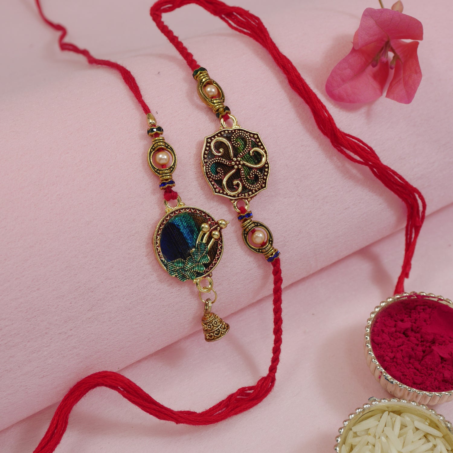 Peacock Feather Bhaiya Bhabhi  Rakhi with Roli Chawal & Rakshabandhan Card