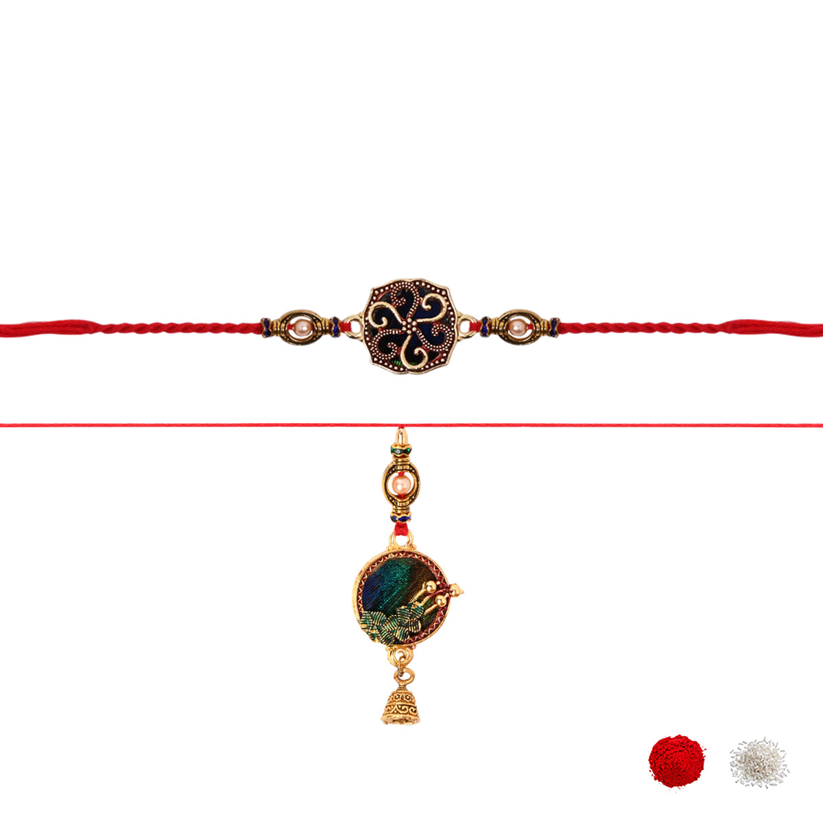 Peacock Feather Bhaiya Bhabhi  Rakhi with Roli Chawal & Rakshabandhan Card