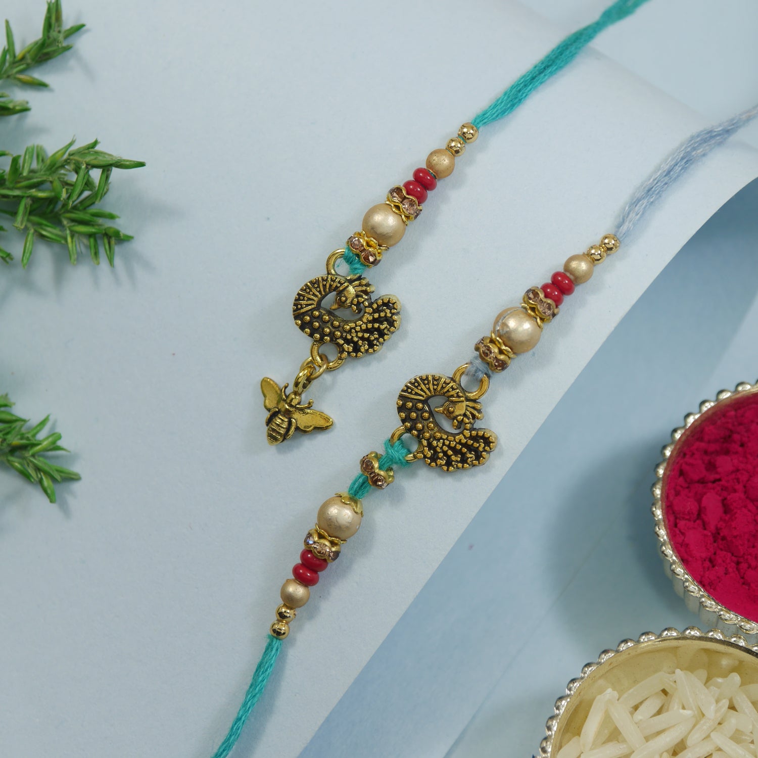 Peacock Shaped Bhaiya Bhabhi  Rakhi with Roli Chawal & Rakshabandhan Card
