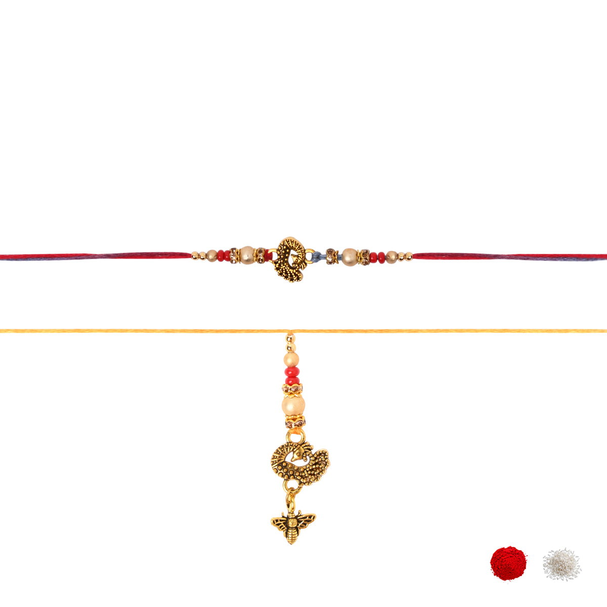Peacock Shaped Bhaiya Bhabhi  Rakhi with Roli Chawal & Rakshabandhan Card