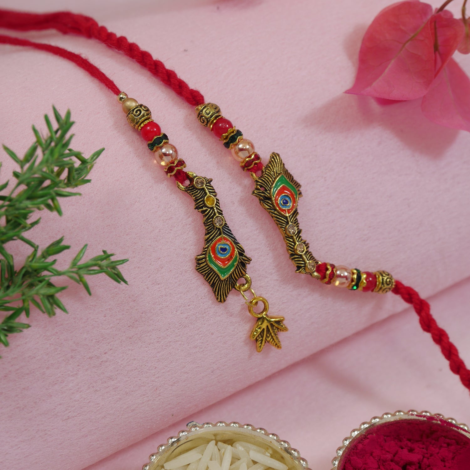 Peacock Shaped Bhaiya Bhabhi  Rakhi with Roli Chawal & Rakshabandhan Card