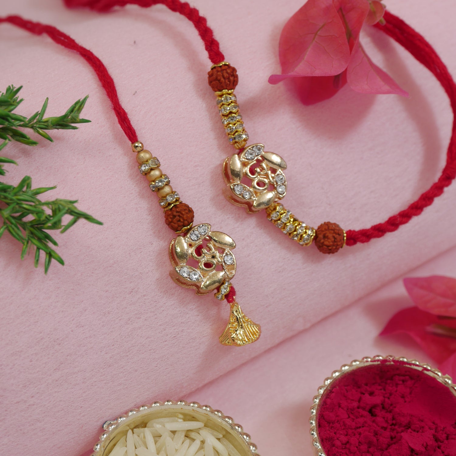 Rudraksh Ganesha Bhaiya Bhabhi Rakhi with Roli Chawal & Rakshabandhan Card