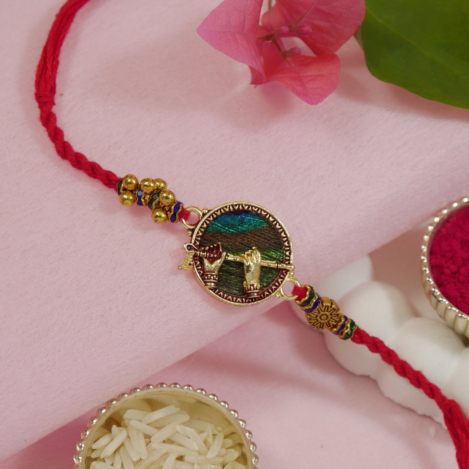 Krishna Flute Peacock Rakhi With Roli Chawal & Rakshabandhan Card