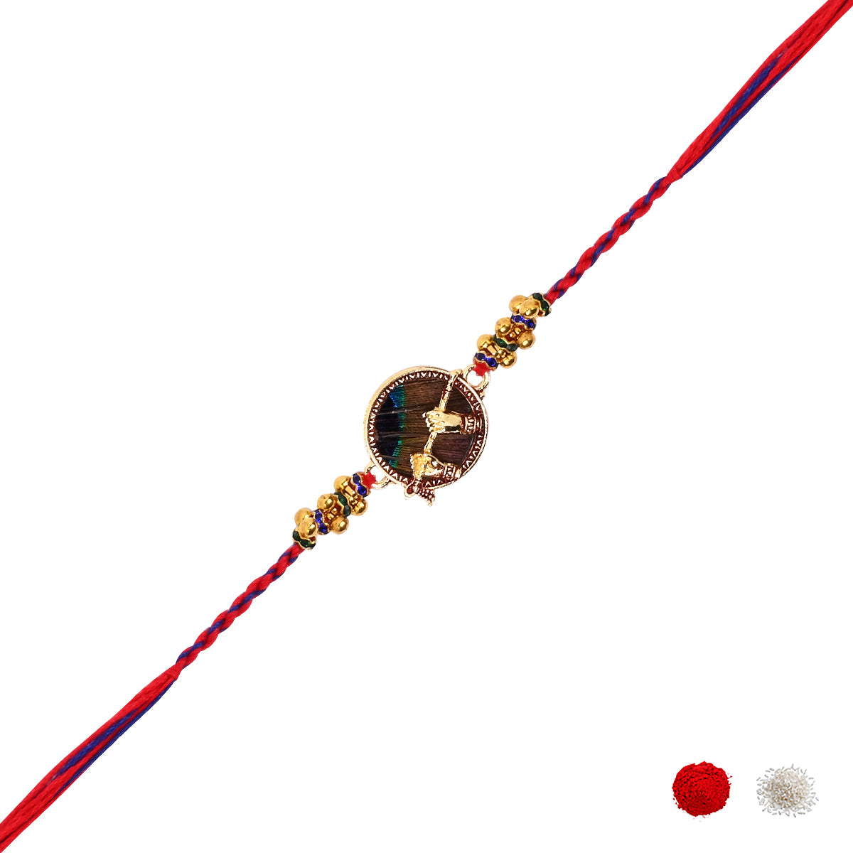 Krishna Flute Peacock Rakhi With Roli Chawal & Rakshabandhan Card
