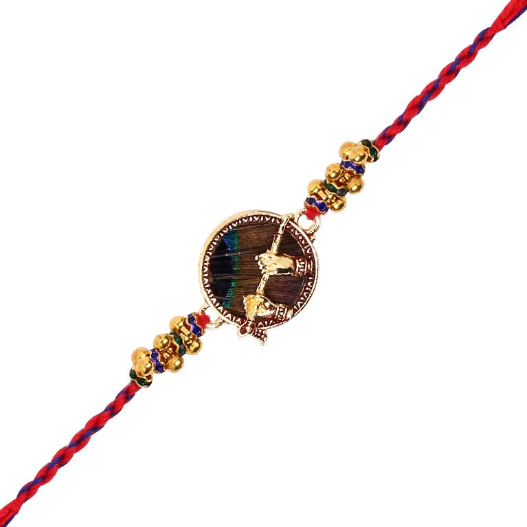 Krishna Flute Peacock Rakhi With Roli Chawal & Rakshabandhan Card