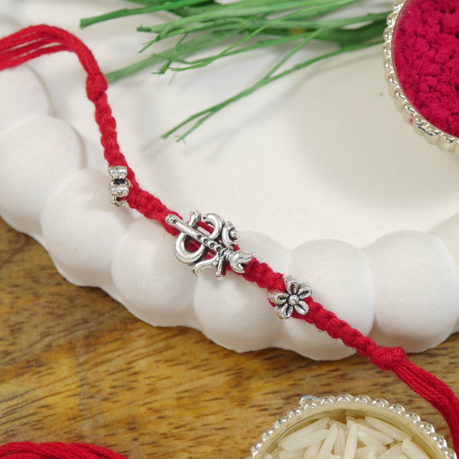Traditional Om Damru Rakhi with Roli Chawal & Rakshabhandan Card