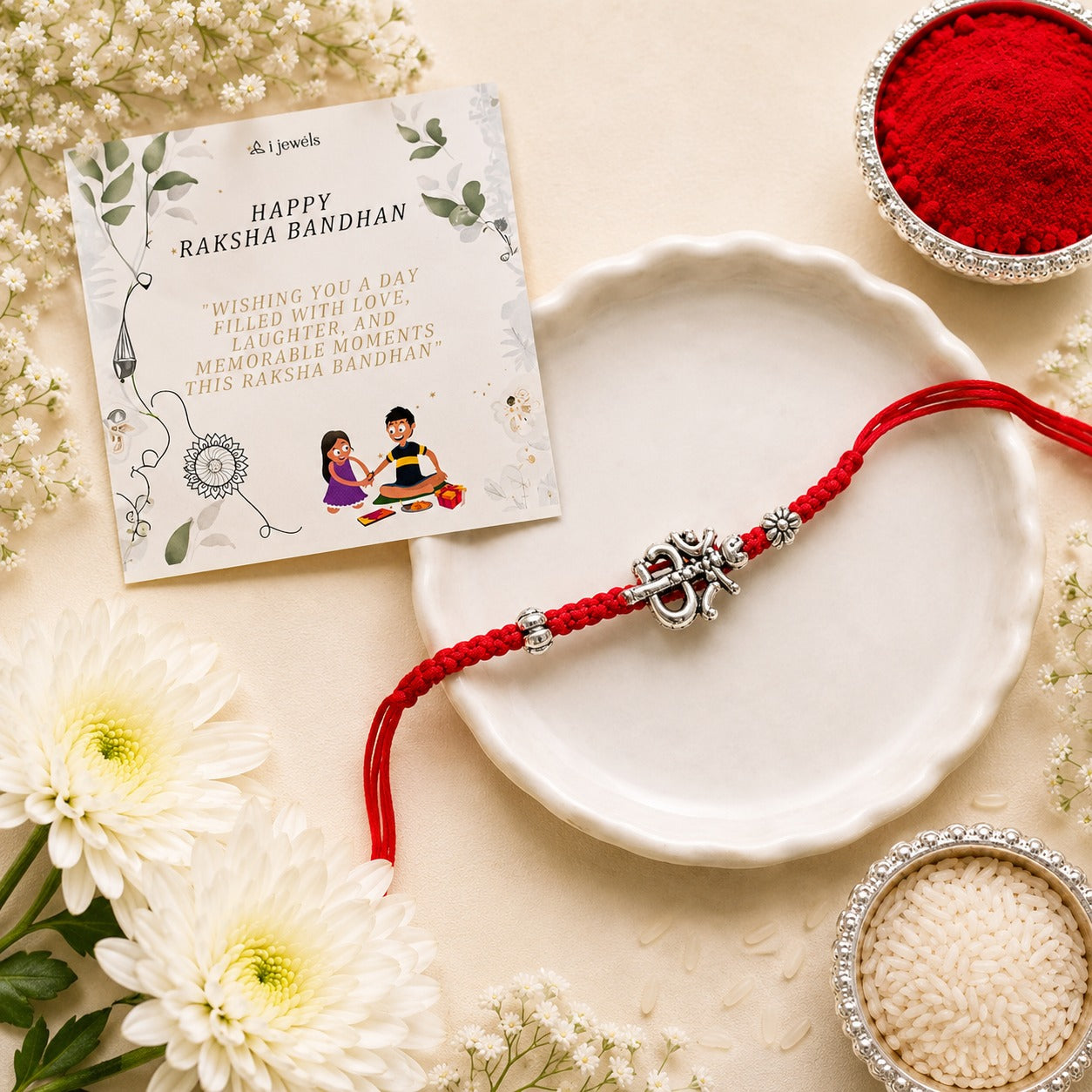 Traditional Om Damru Rakhi with Roli Chawal & Rakshabhandan Card