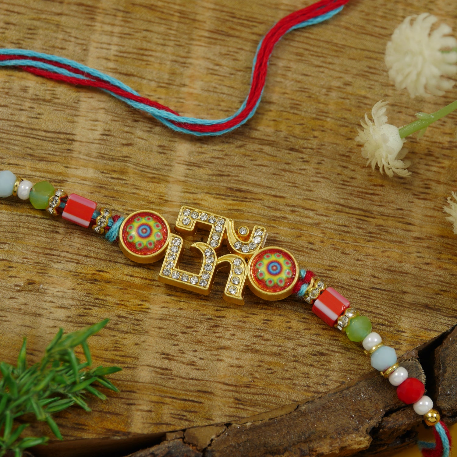 Om Pink Rakhi with Roli Chawal & Rakshabhandan Card