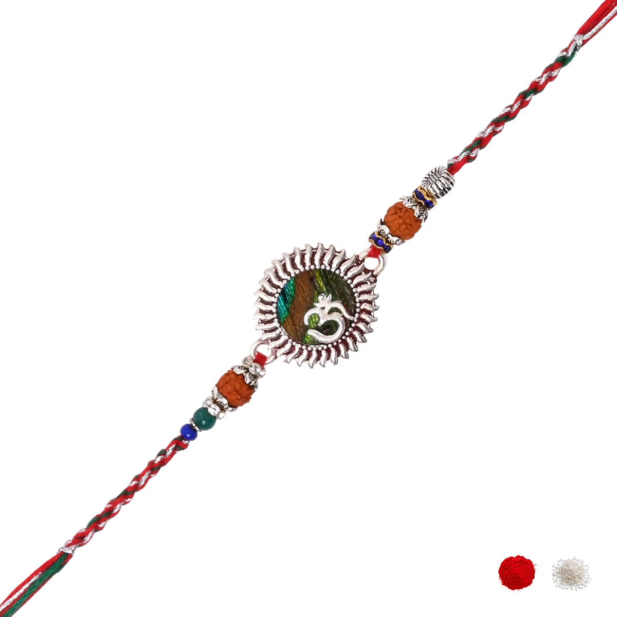 OM with Feather Rakhi for Bhai - Comes with Rudraksh Detailing and Roli Chawal
