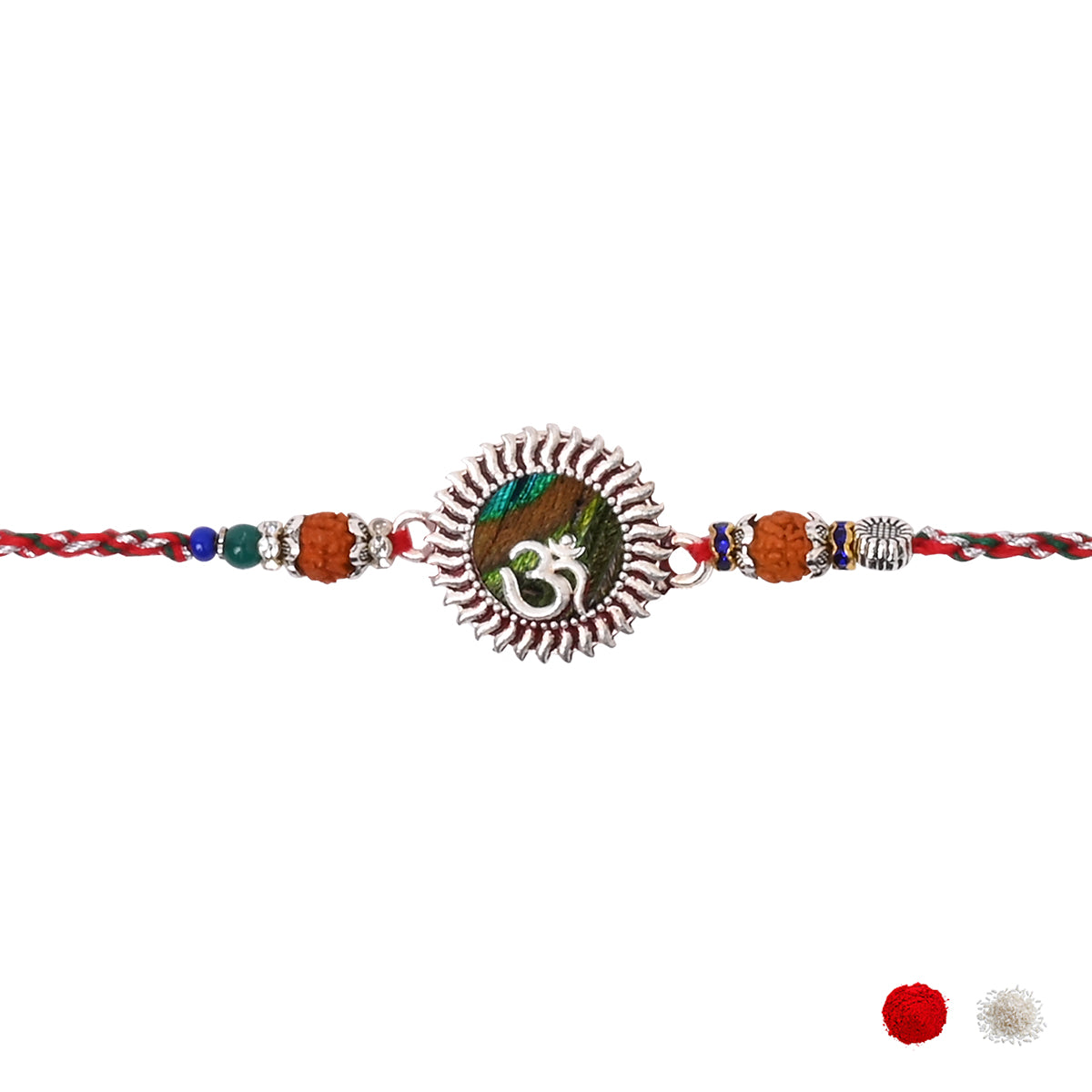 OM with Feather Rakhi for Bhai - Comes with Rudraksh Detailing and Roli Chawal