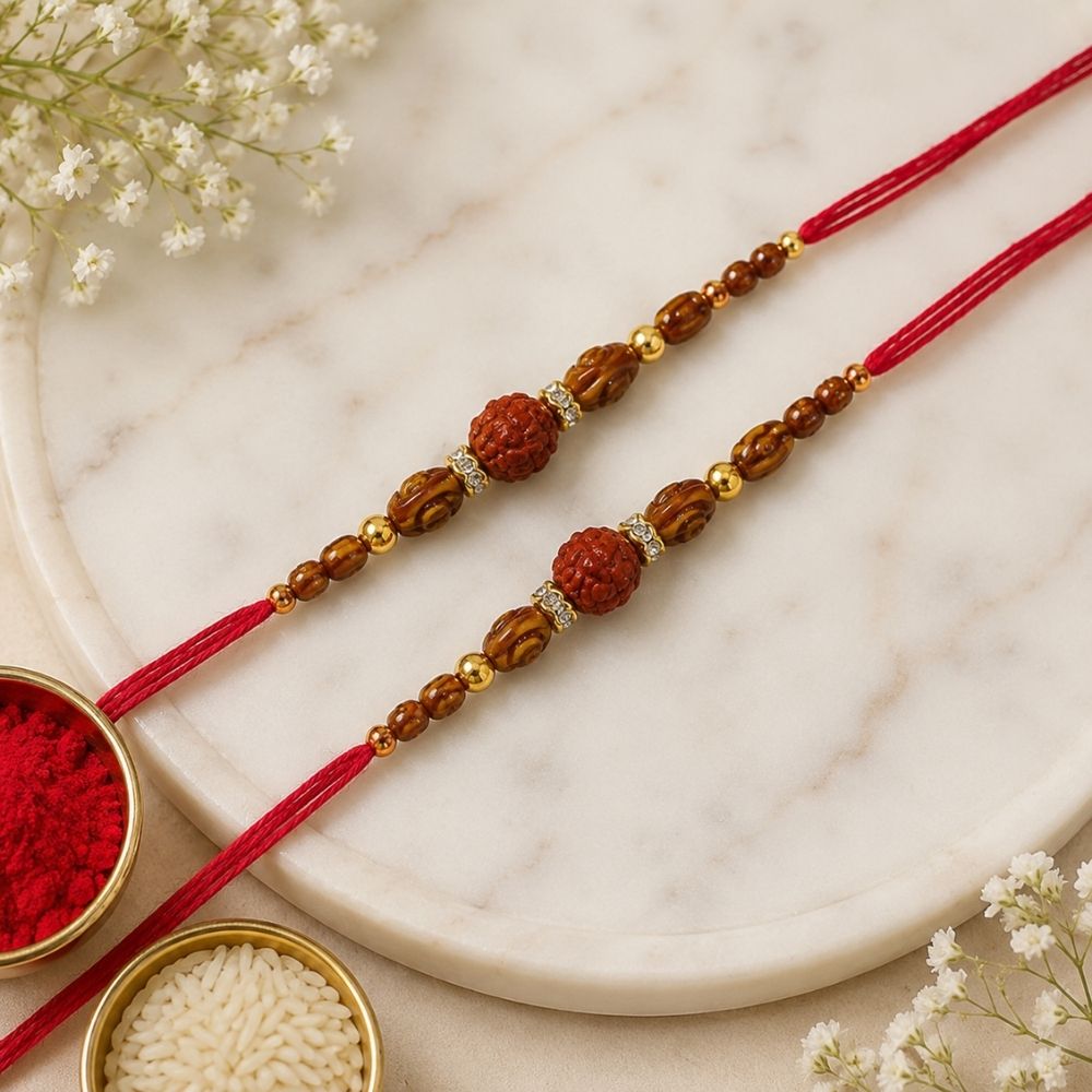 Rudraksh Rakhi Combo For Bhai - Pack of 2 with Roli Chawal & Card